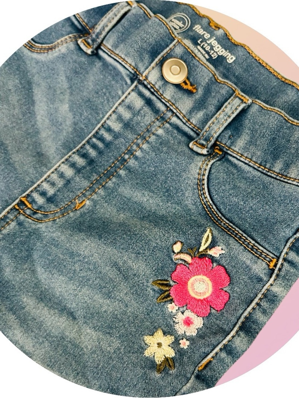wonder nation Blue Denim Jeans with Pink Floral Embroidery